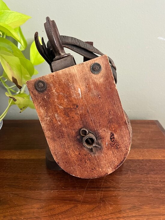 unbranded Other - Antique Wood Pulley Block With Original Leather Strap Iron Hook Farmhouse Indust
